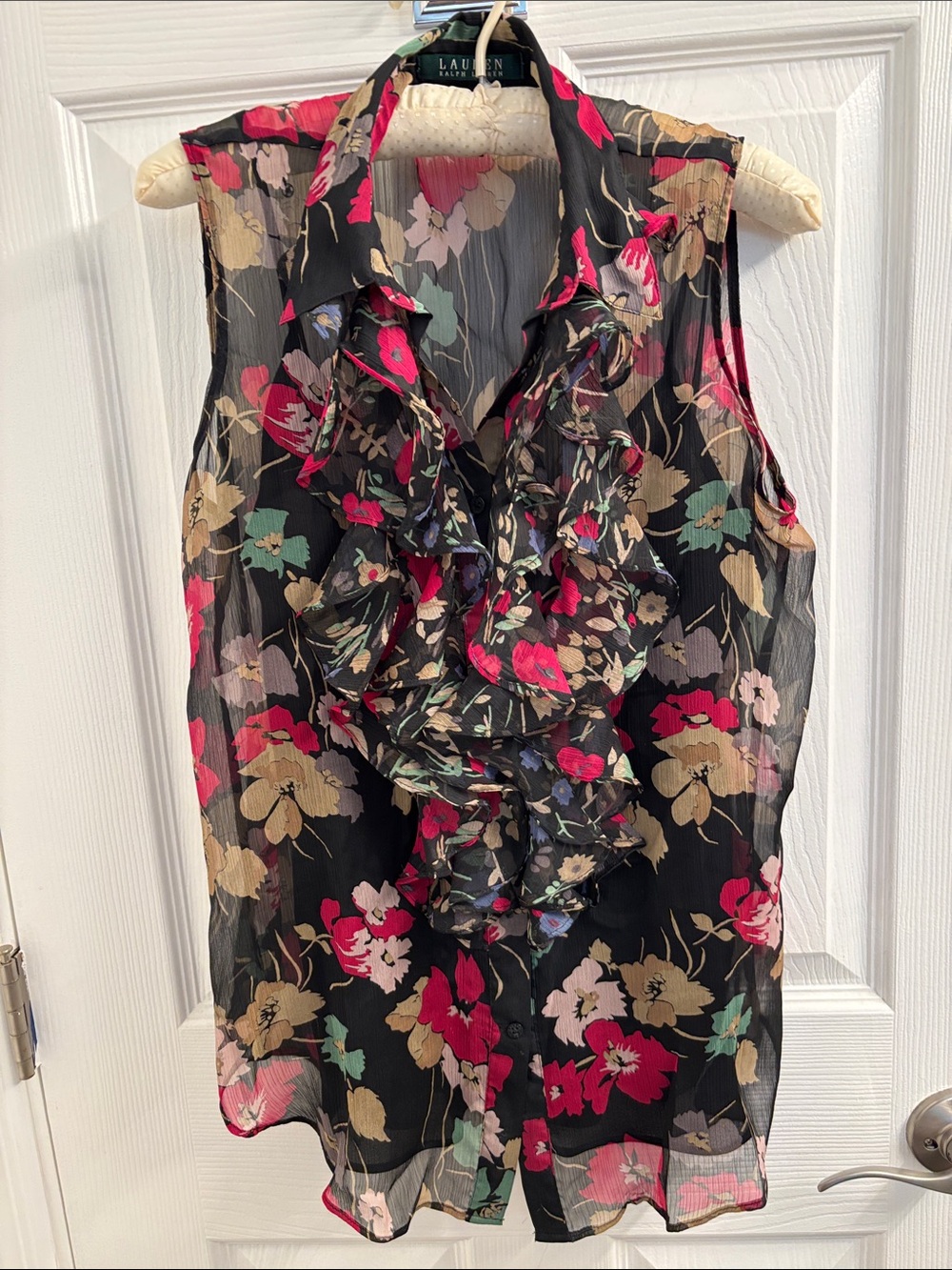 Lauren Ralph Lauren Black Sheer Floral Ruffle Sleeveless Blouse - Sassy! Size 6